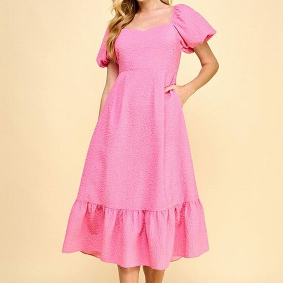TCED Pink Textured Floral Sweetheart Neckline Puff Sleeve Midi Dress - Picture 1 of 12